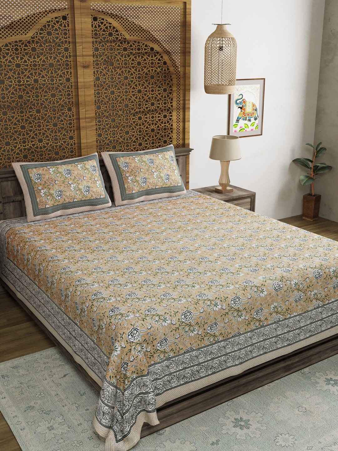

Aura Brown Grey Floral 210 TC Cotton King Bedsheet with 2 Pillow Covers