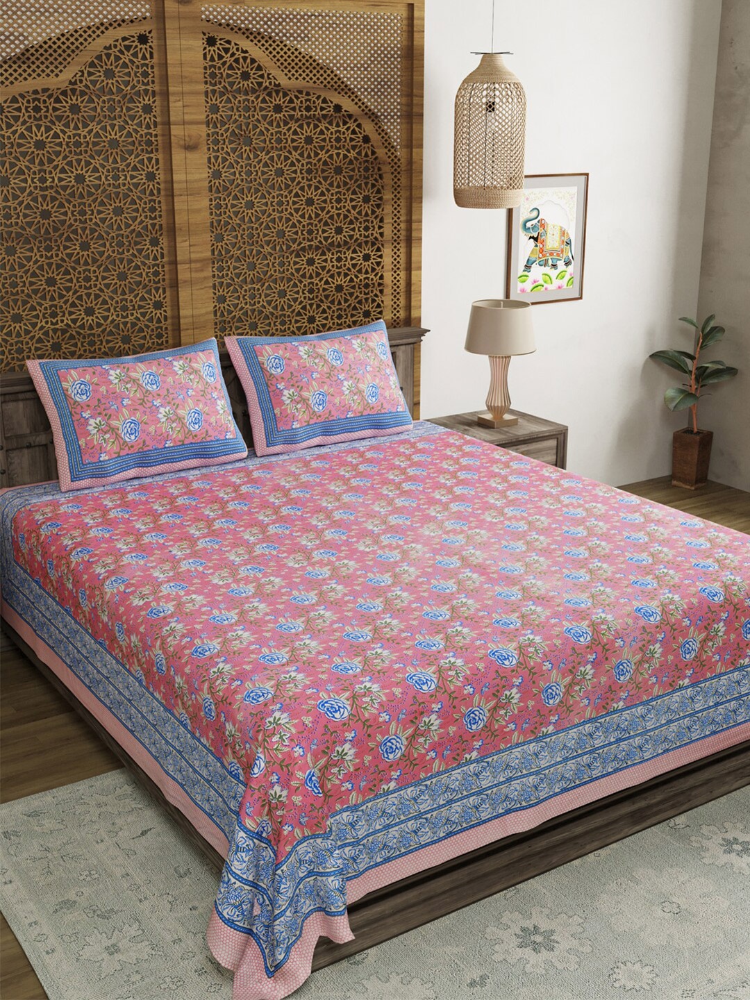 

Aura Pink& Blue Floral Cotton 210 TC King Bedsheet with 2 Pillow Covers