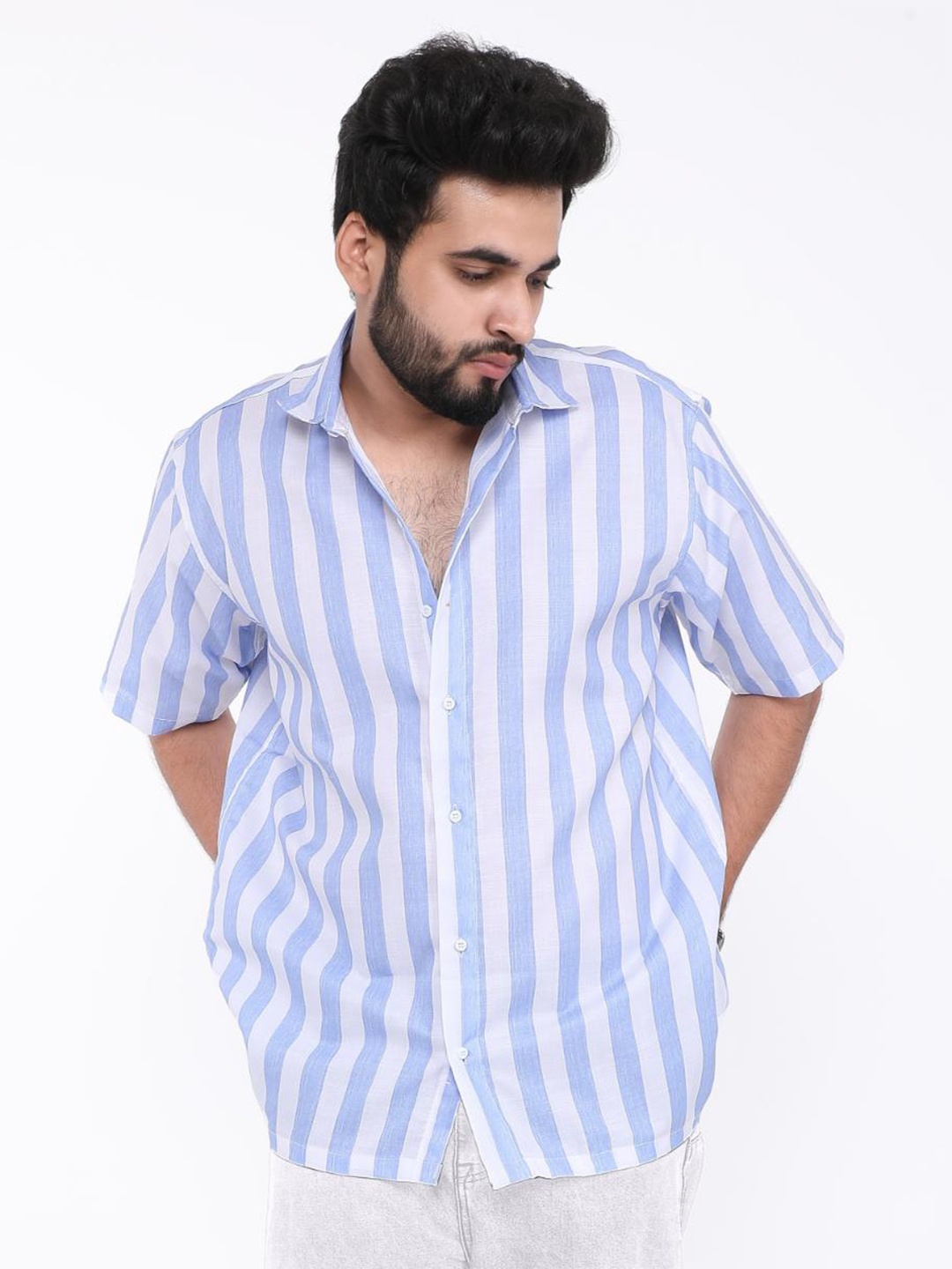 

BROWN BROTHERS Vertical Striped Oversized Casual Shirt, Blue