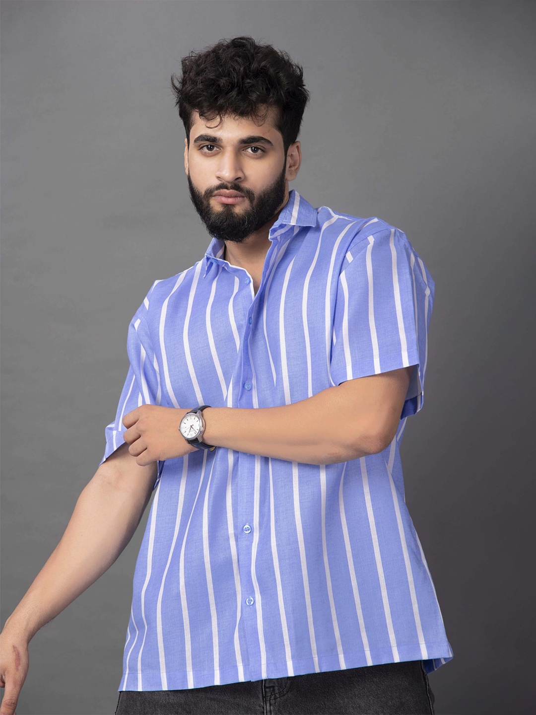 

BROWN BROTHERS Vertical Striped Oversized Casual Shirt, Blue