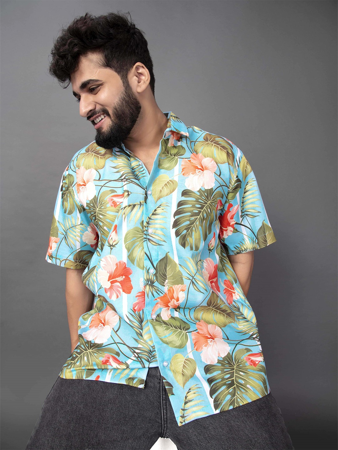 

BROWN BROTHERS Men Relaxed Tropical Printed Oversized Casual Shirt, Blue