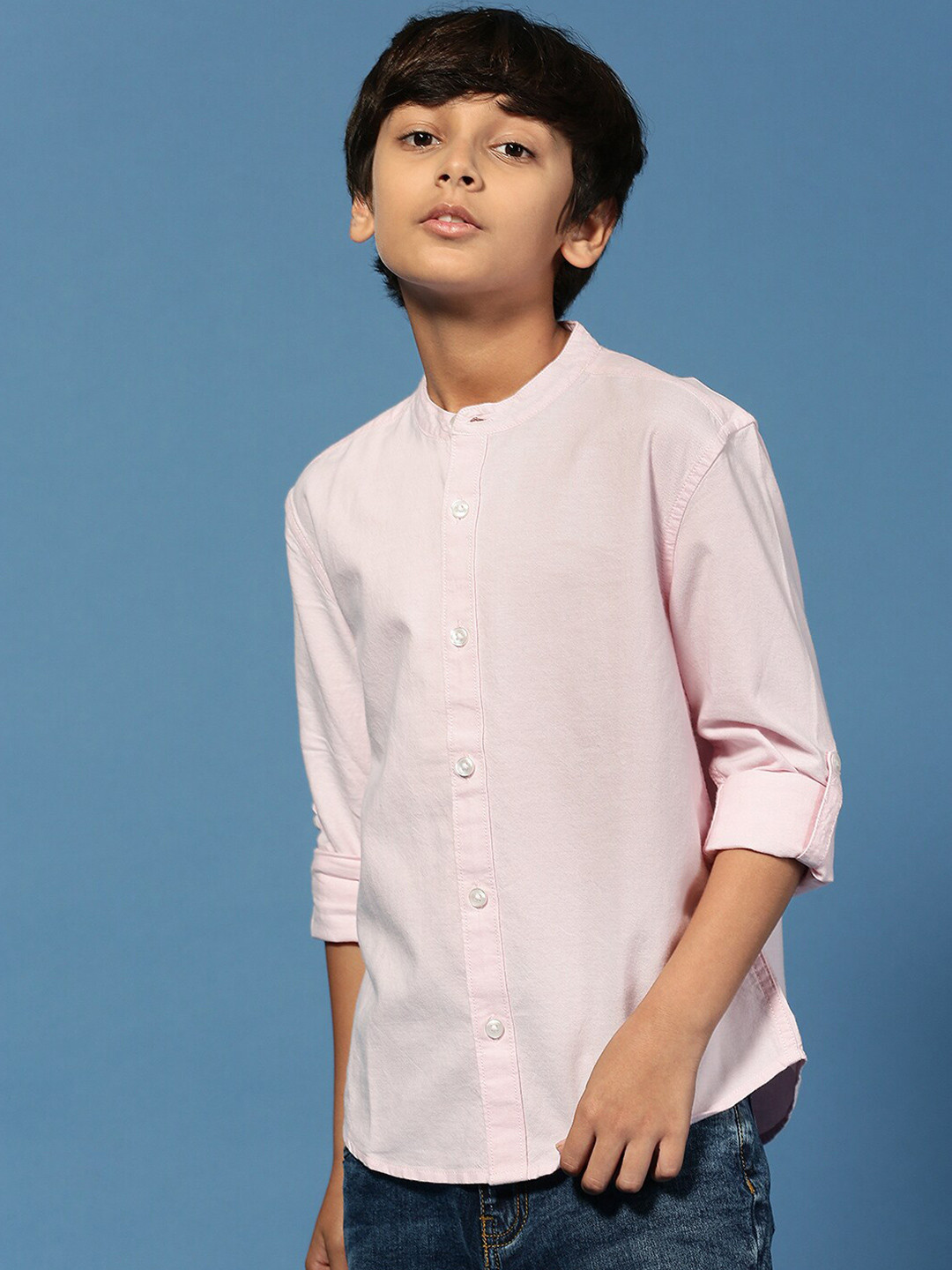 

PIPIN Boys Original Band Collar Cotton Casual Shirt, Pink