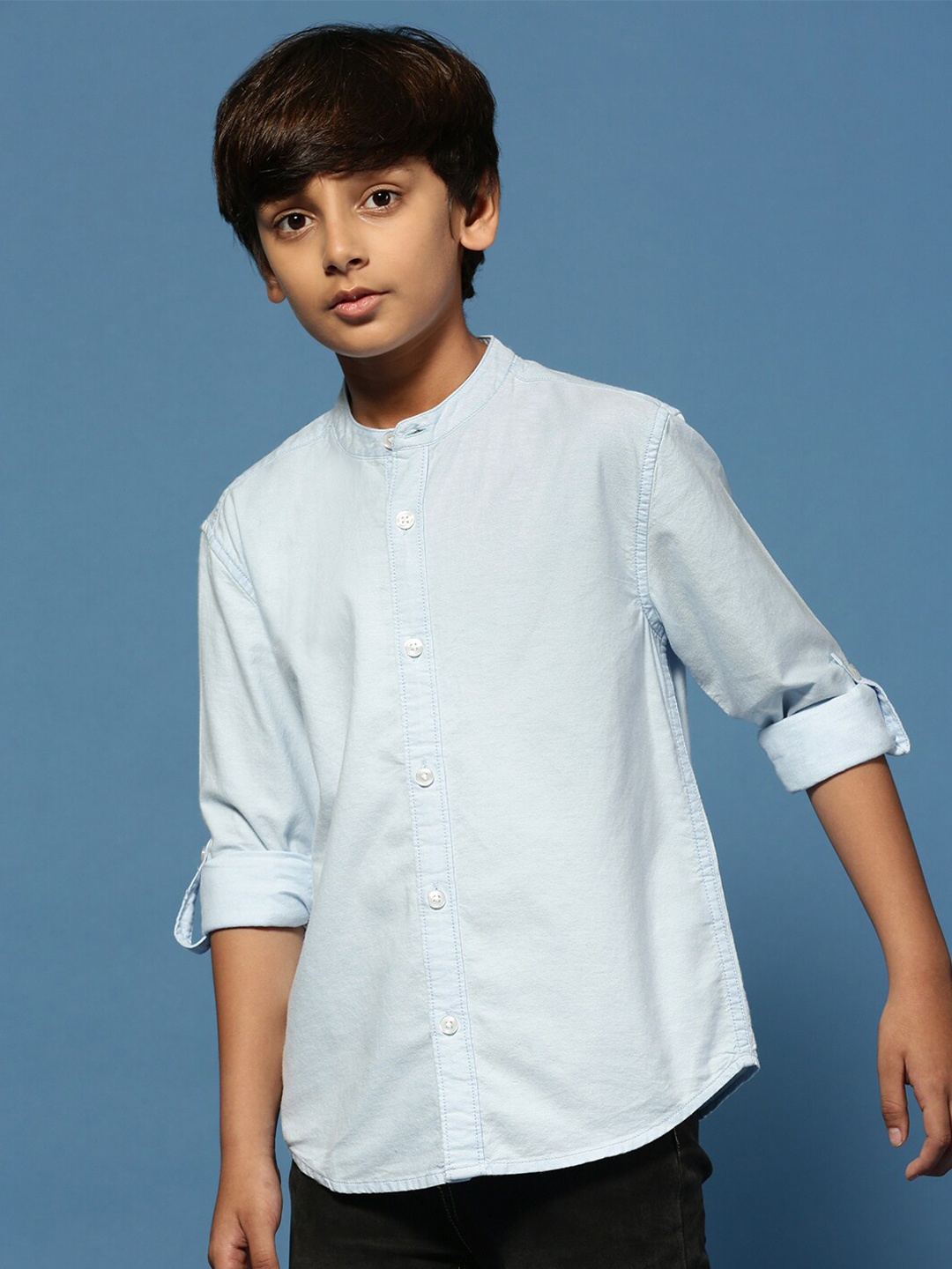 

PIPIN Boys Original Band Collar Cotton Casual Shirt, Blue