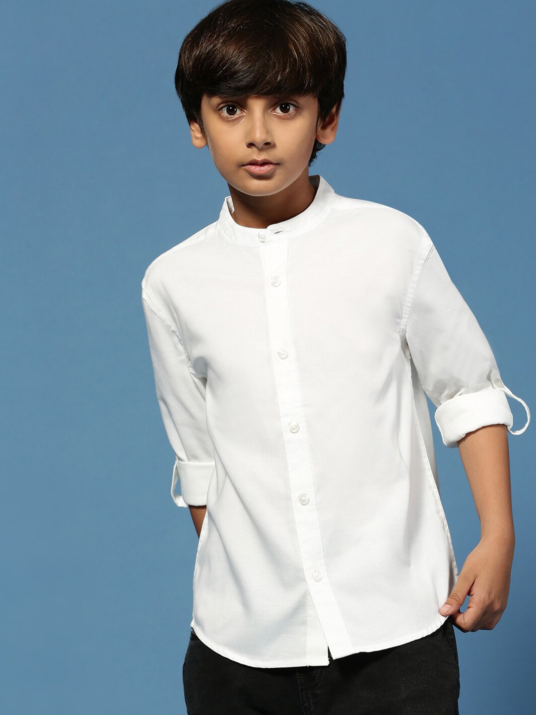 

PIPIN Boys Band Collar Cotton Casual Shirt, White