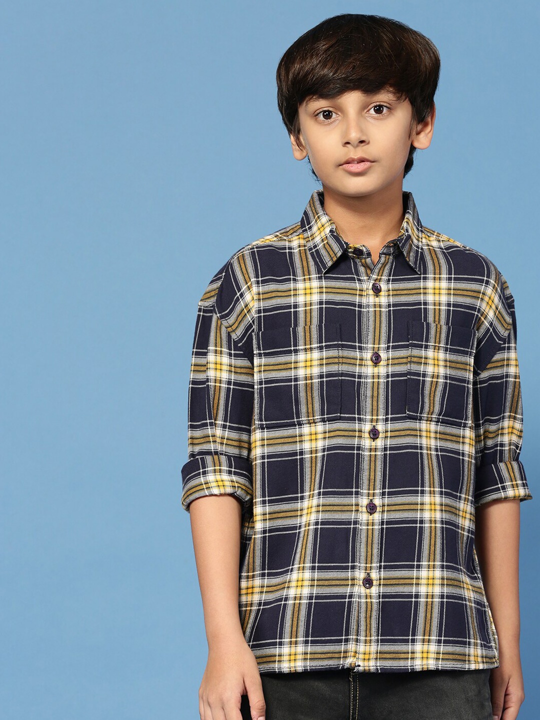 

PIPIN Boys Original Tartan Checked Cotton Casual Shirt, Navy blue