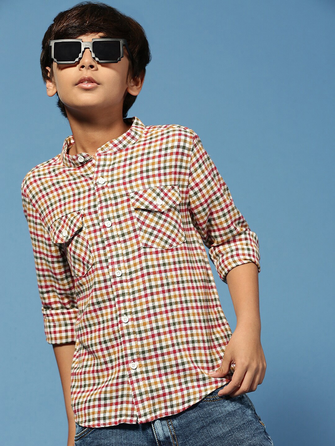 

PIPIN Boys Original Tartan Checks Mandarin Collar Cotton Casual Shirt, Red