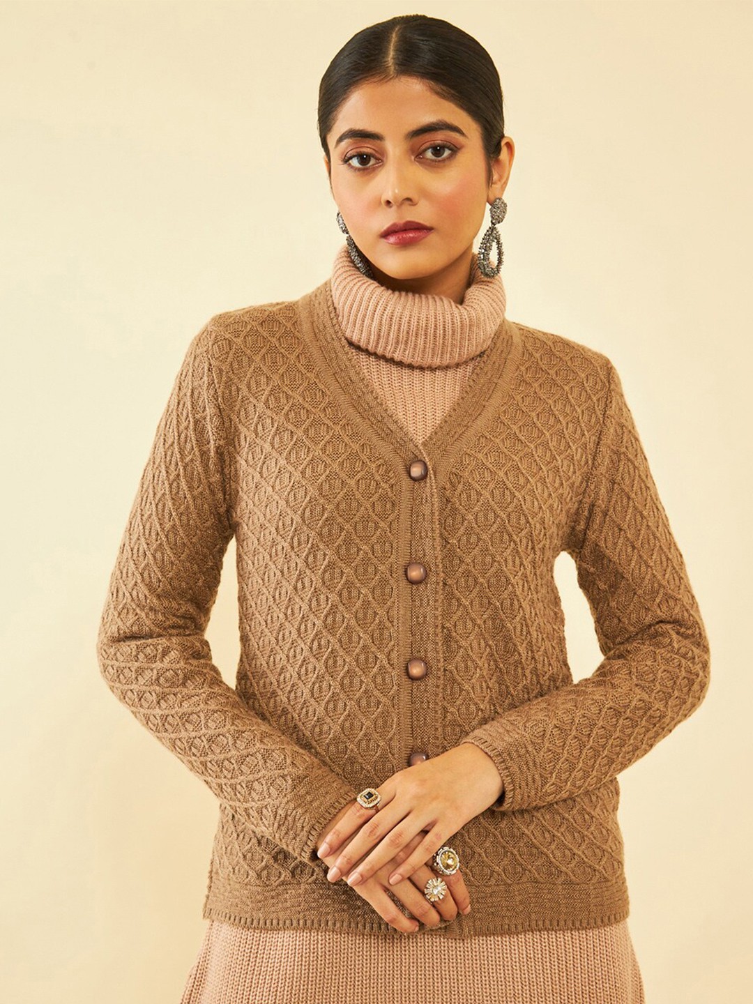 

Soch Brown Cable Knit Self Design Acrylic Cardigan Sweater