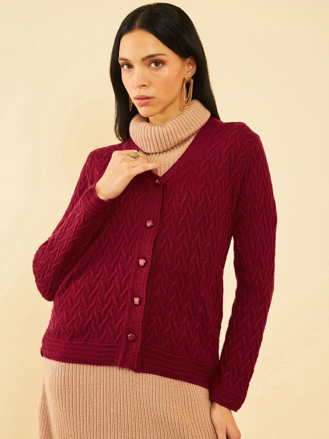 

Soch Maroon Cable Knit Self Design Acrylic Cardigan Sweater