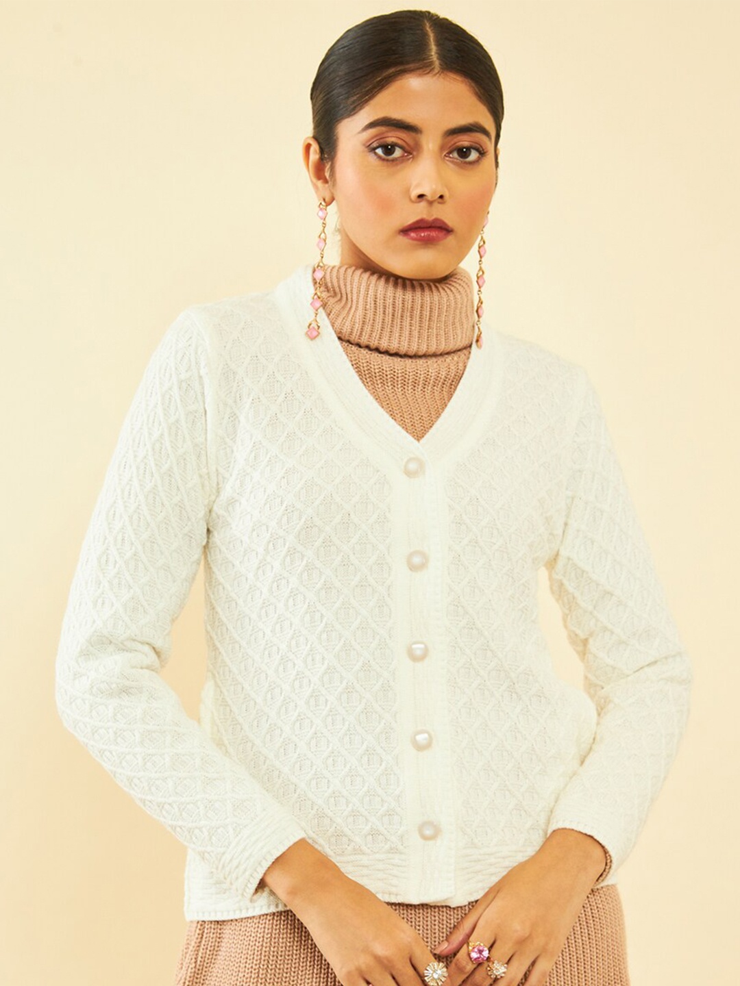 

Soch Self Design Cable Knit Acrylic Cardigan, Off white