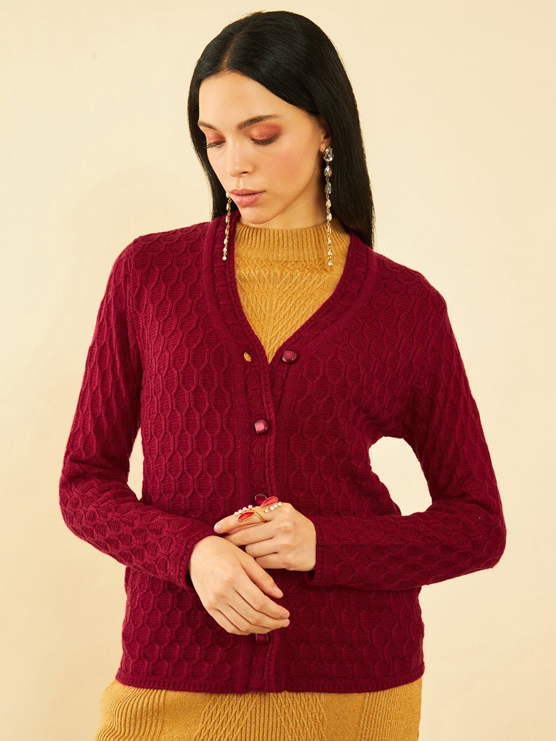 

Soch Self Design Cable Knit Acrylic Cardigan, Maroon