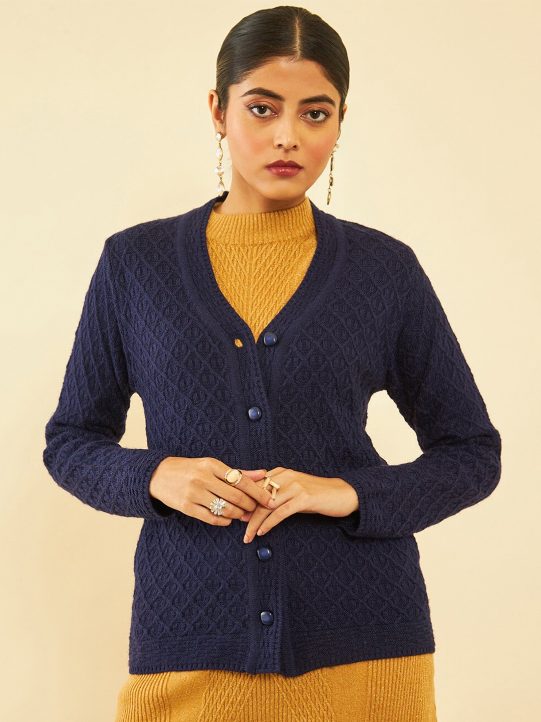 

Soch Self Design Cable Knit Acrylic Cardigan, Navy blue