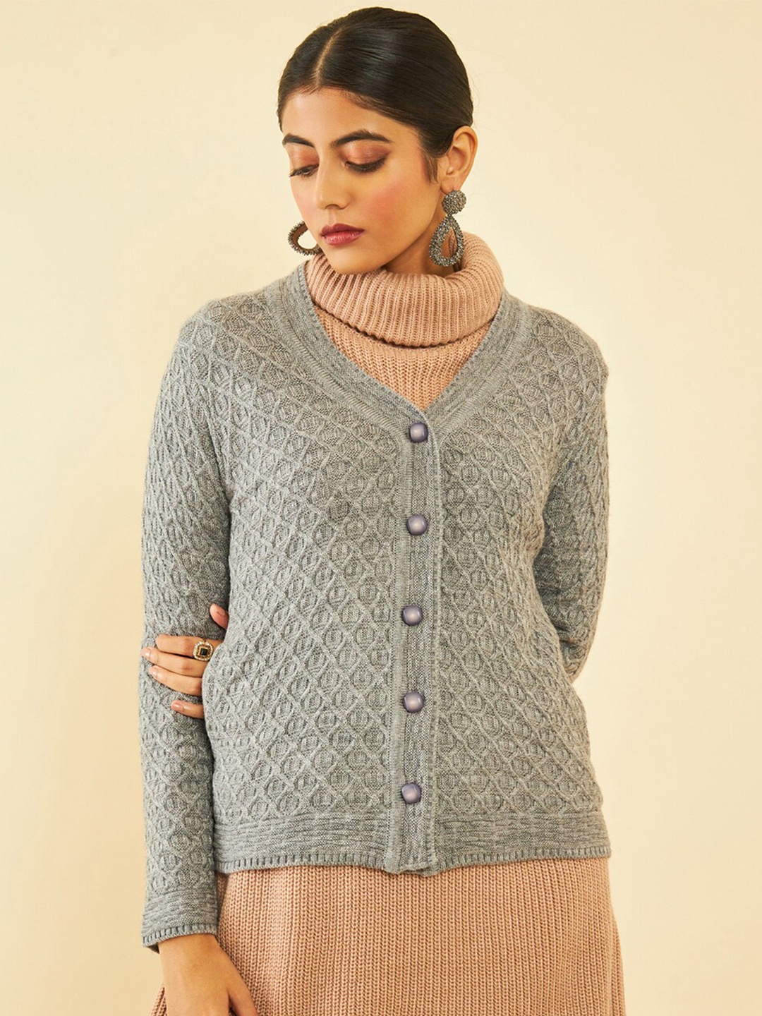 

Soch Grey Cable Knit Self Design Acrylic Cardigan Sweater