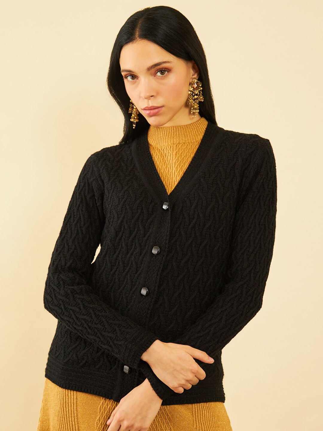 

Soch Self Design Cable Knit Acrylic Cardigan, Black