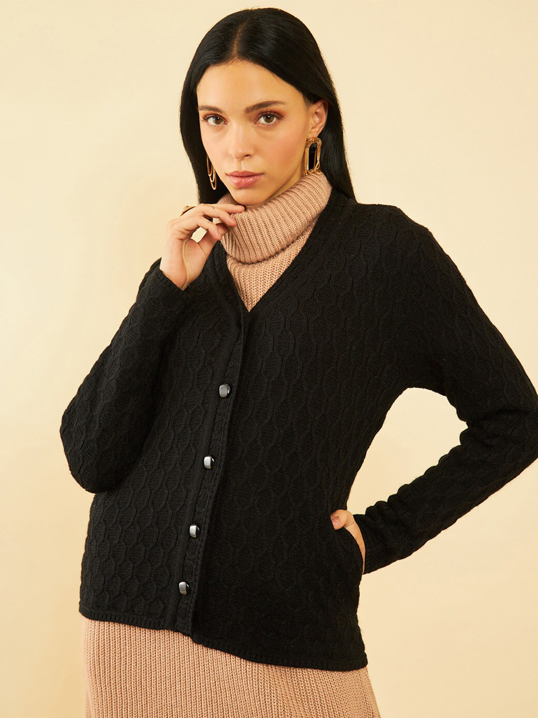 

Soch Black Cable Knit Self Design Acrylic Cardigan Sweater