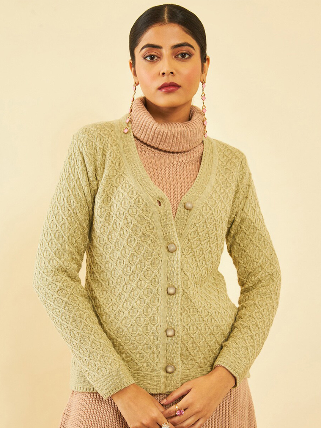 

Soch Green Cable Knit Self Design Acrylic Cardigan Sweater