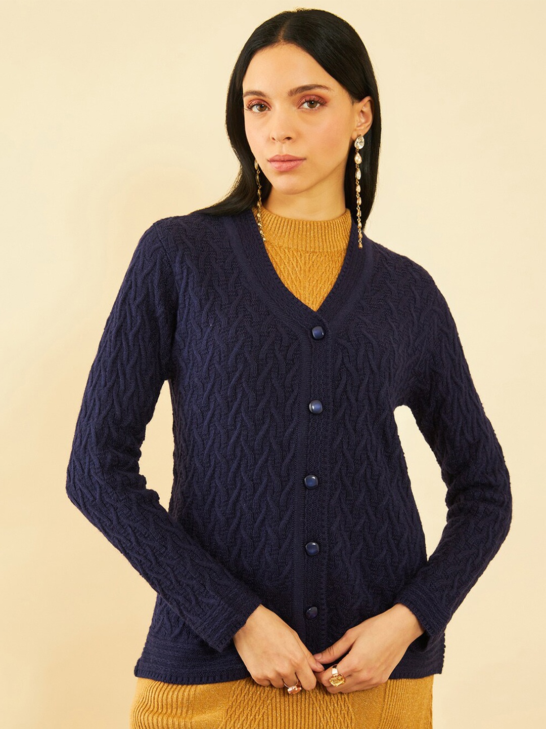 

Soch Self Design Cable Knit Acrylic Cardigan, Navy blue