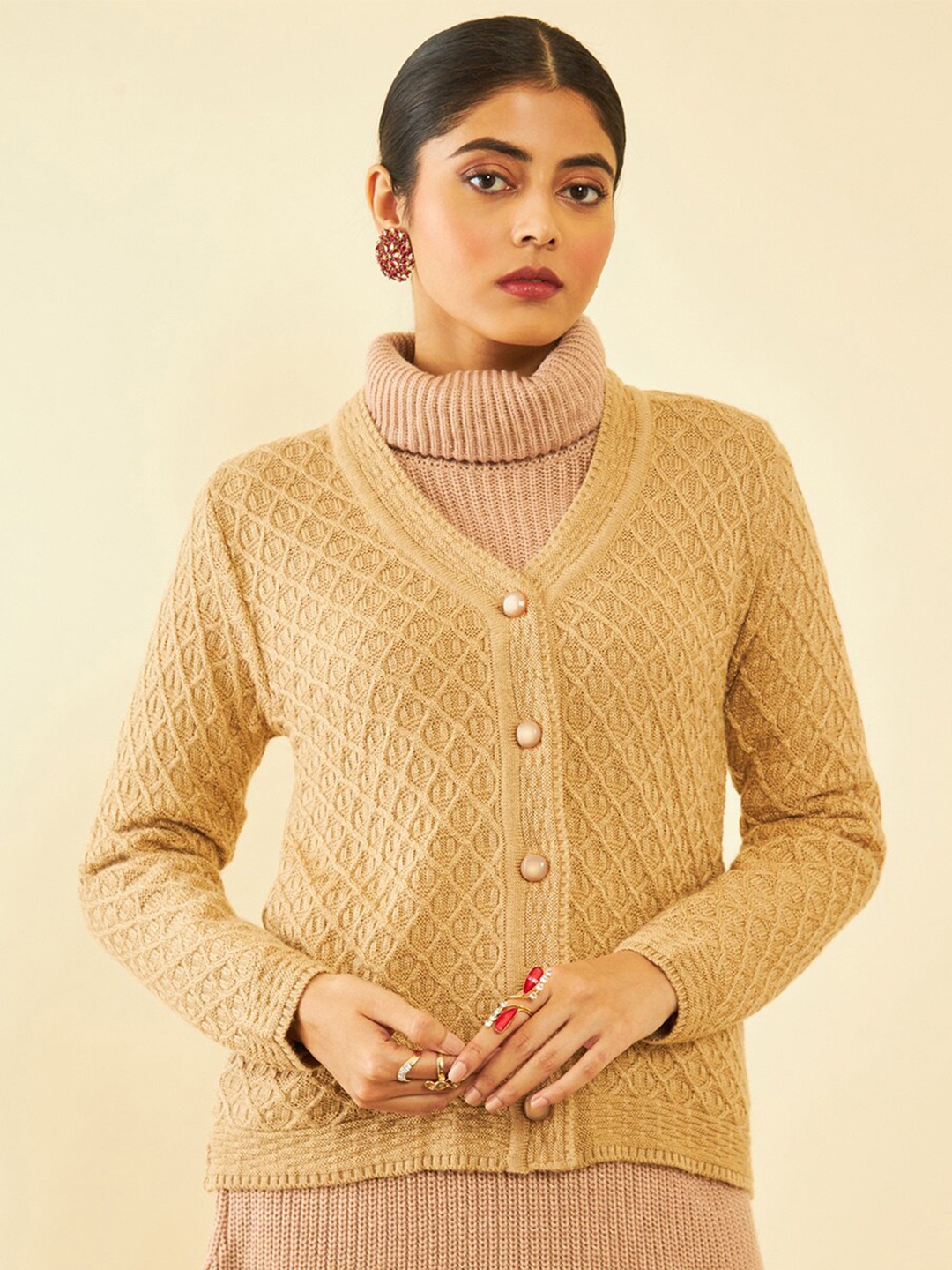 

Soch Self Design Cable Knit Acrylic Cardigan, Beige