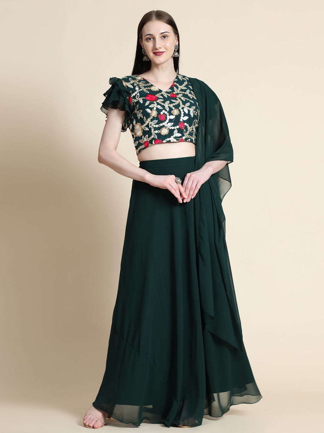 

BAESD Floral Embroidered V-Neck Flared Sleeve Ready to Wear Lehenga & Blouse With Dupatta, Green