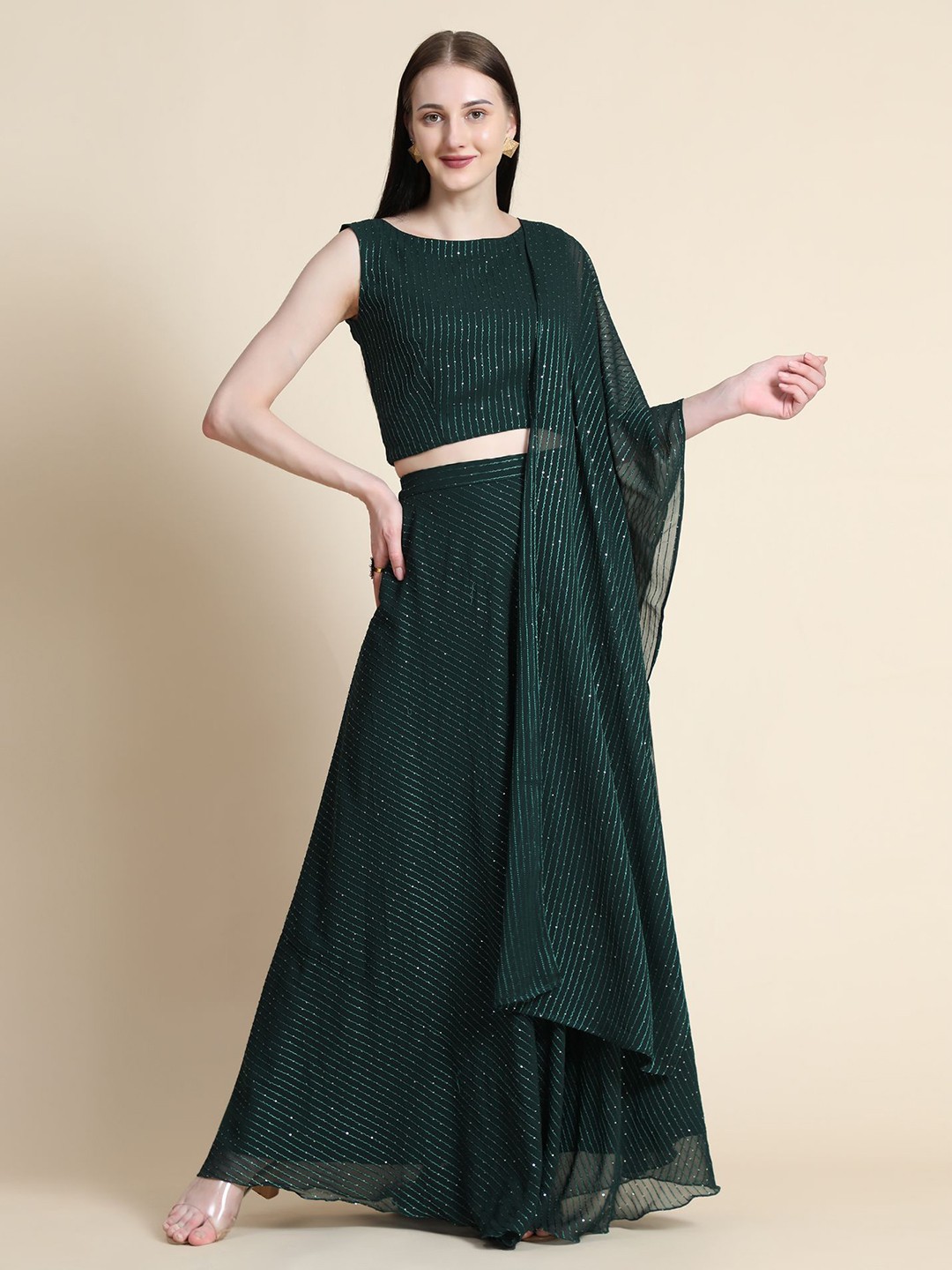 

Rudraaksha Creations Embroidered Sequinned Ready to Wear Lehenga & Blouse With Dupatta, Green