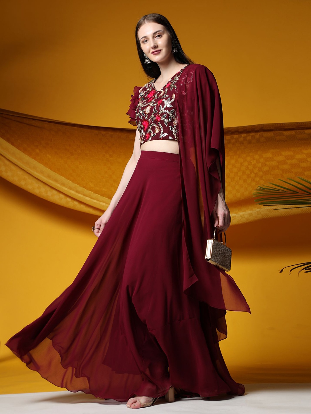 

Rudraaksha Creations Embroidered V-Neck Ready to Wear Lehenga & Blouse With Dupatta, Maroon