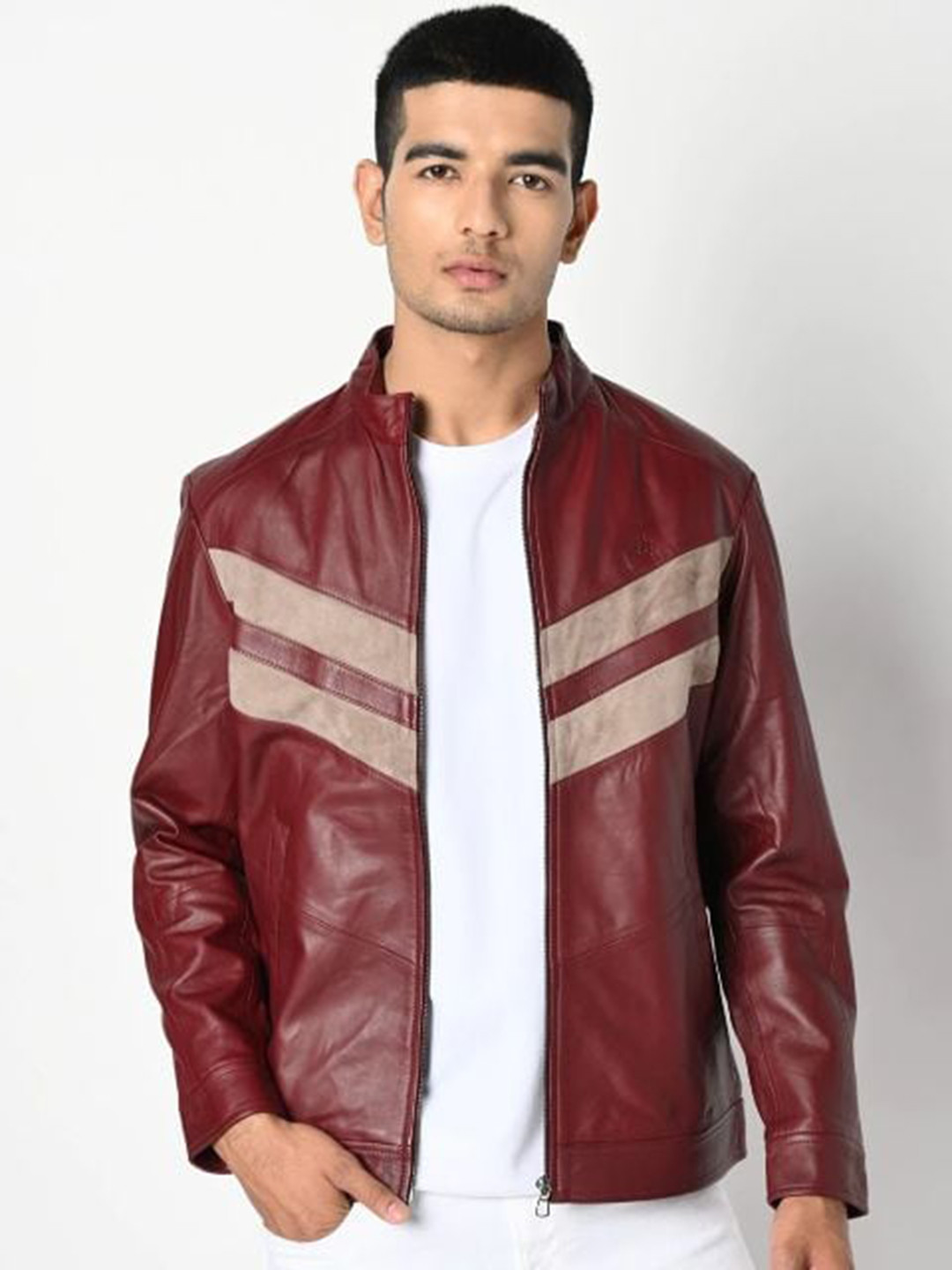 

Tortoise Mandarin Collar Striped Lightweight Leather Jacket, Maroon