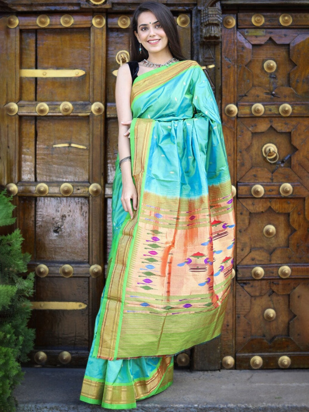 

Very Much Indian Ethnic Motifs Woven Design Pure Silk Paithani Saree, Green