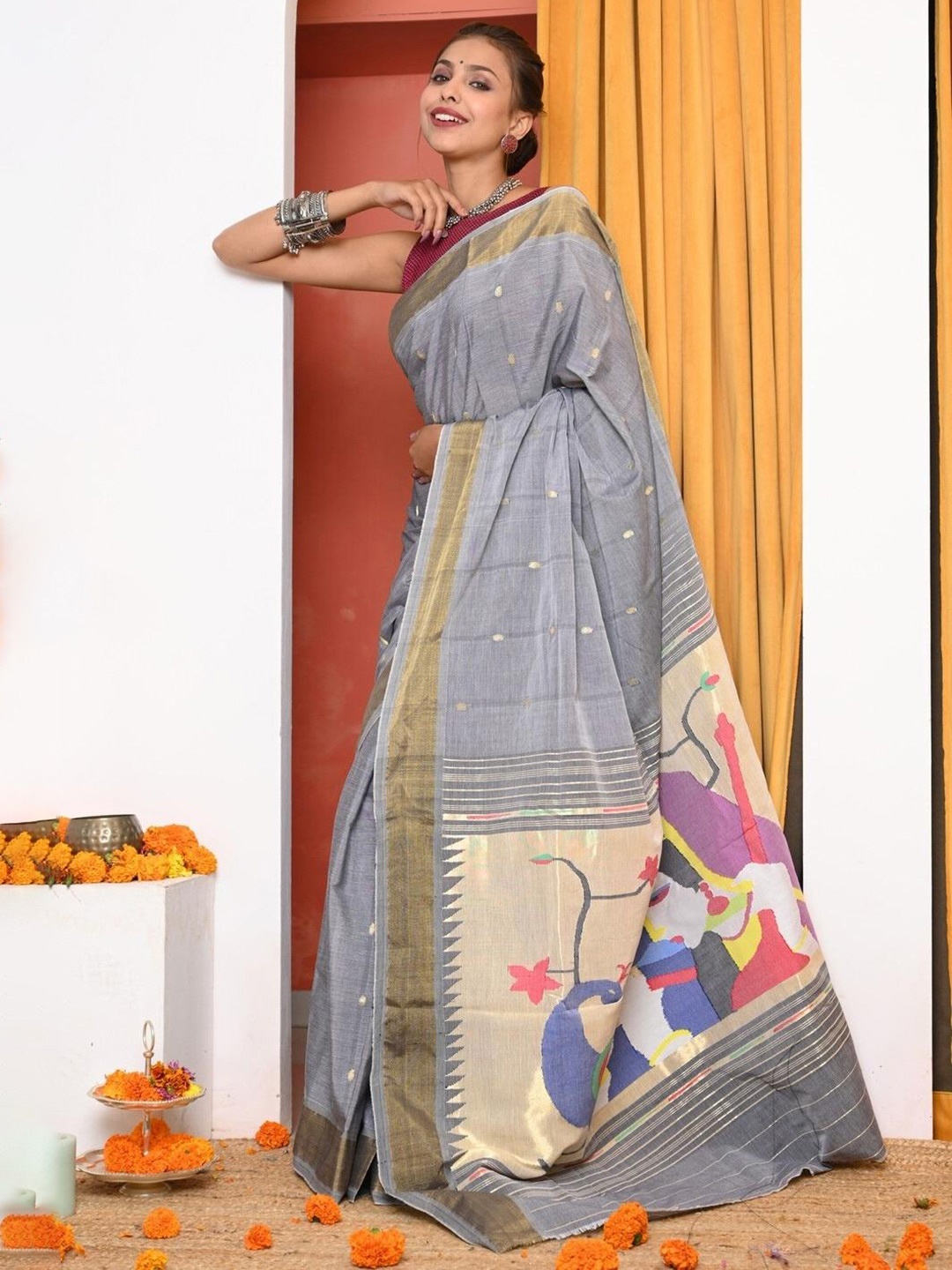 

Very Much Indian Woven Design Pure Cotton Paithani Saree, Grey