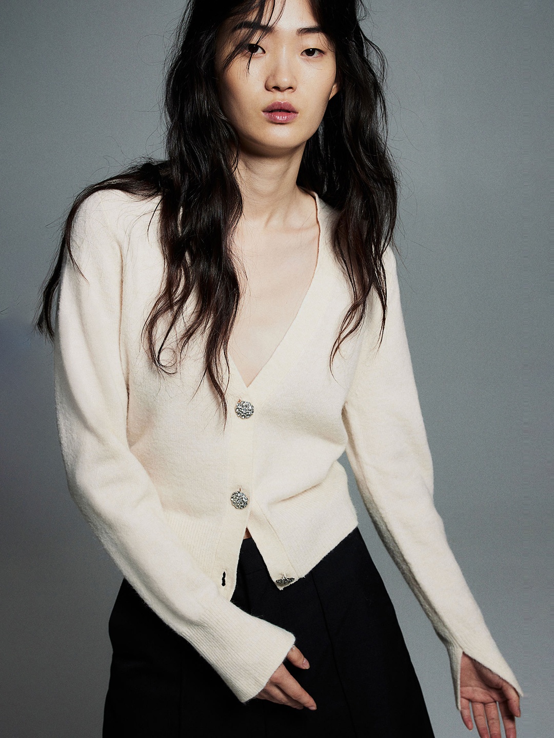 

H&M Rhinestone-Button Cardigan, Off white