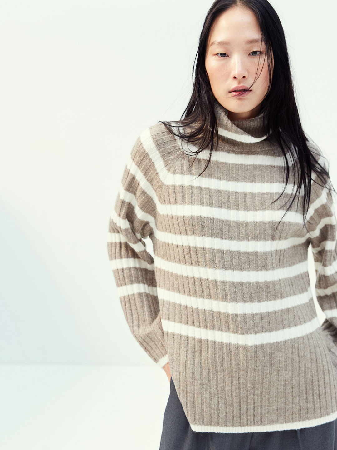 

H&M Rib-Knit Polo Neck Jumper, Beige