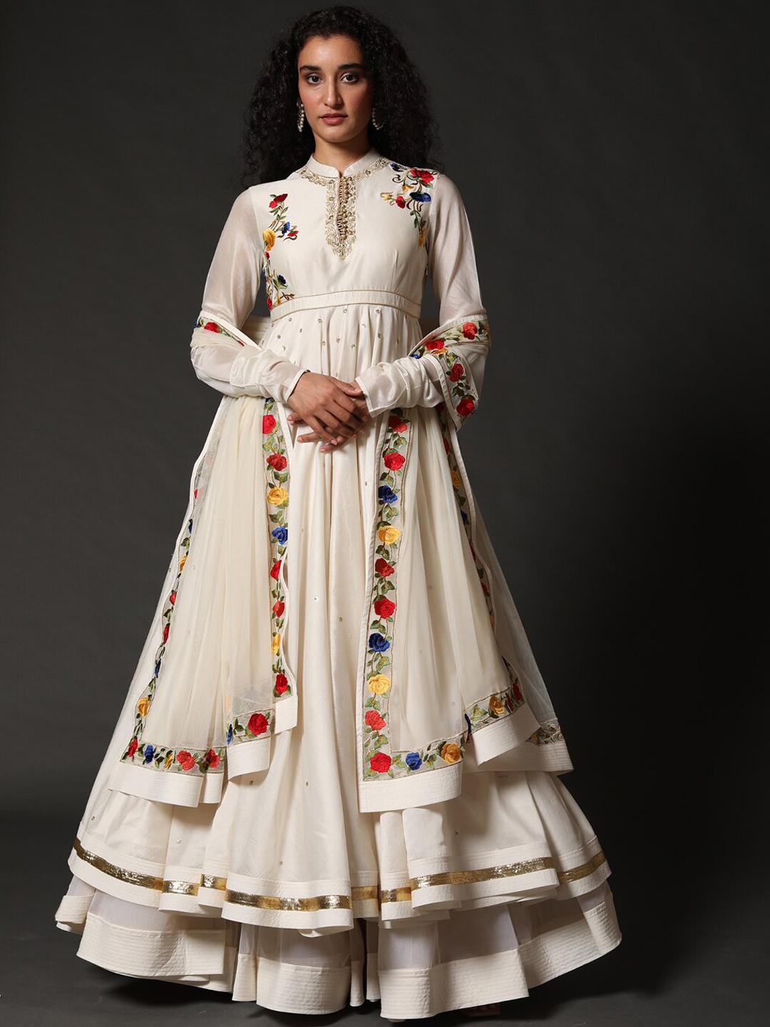 

Rohit Bal Floral Embroidered Chanderi Silk Anarkali Kurta With Skirt & Dupatta, Off white