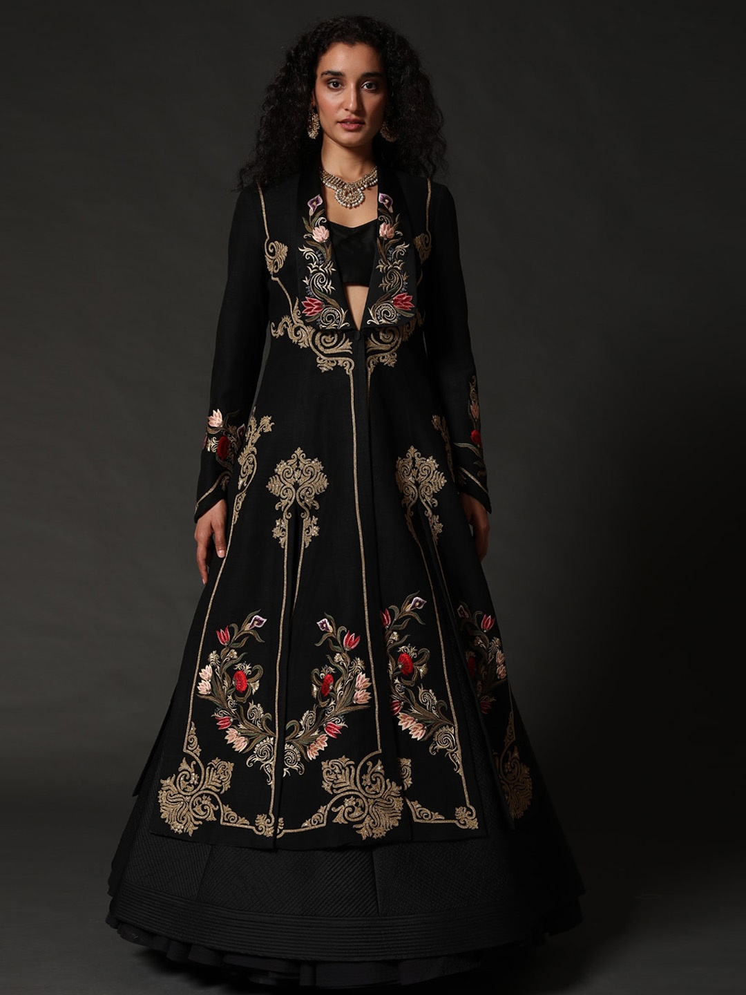 

Rohit Bal Floral Printed Silk Fit & Flared Maxi Ethnic Dress, Black
