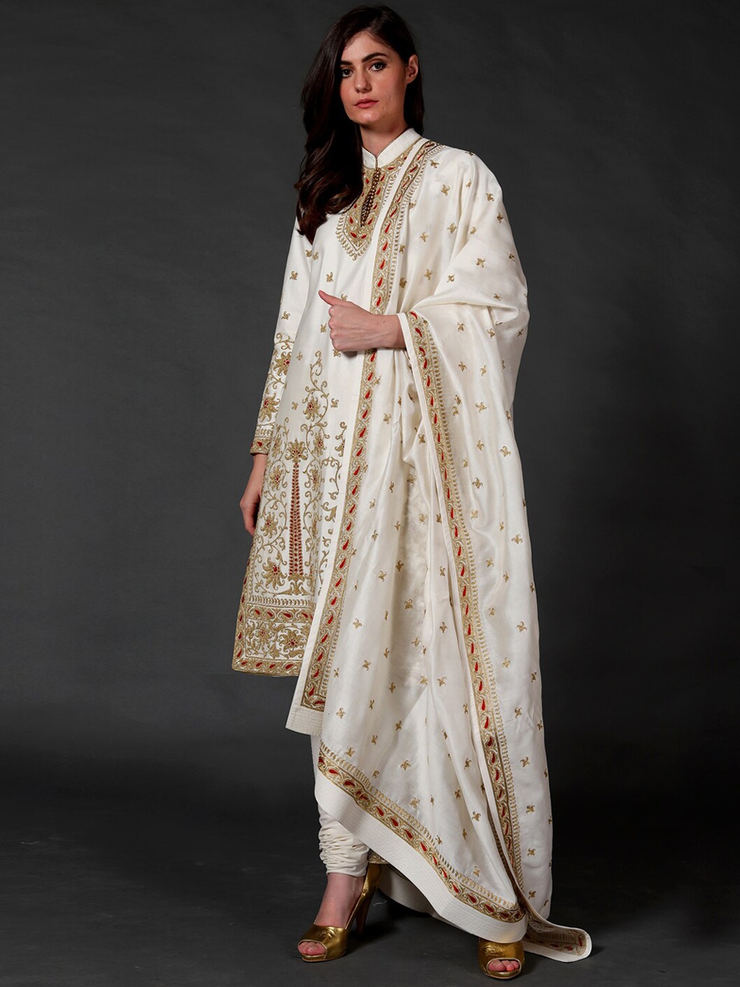 

Rohit Bal Ethnic Motifs Printed Thread Work Chanderi Silk Kurta With Churidar & Dupatta, Off white