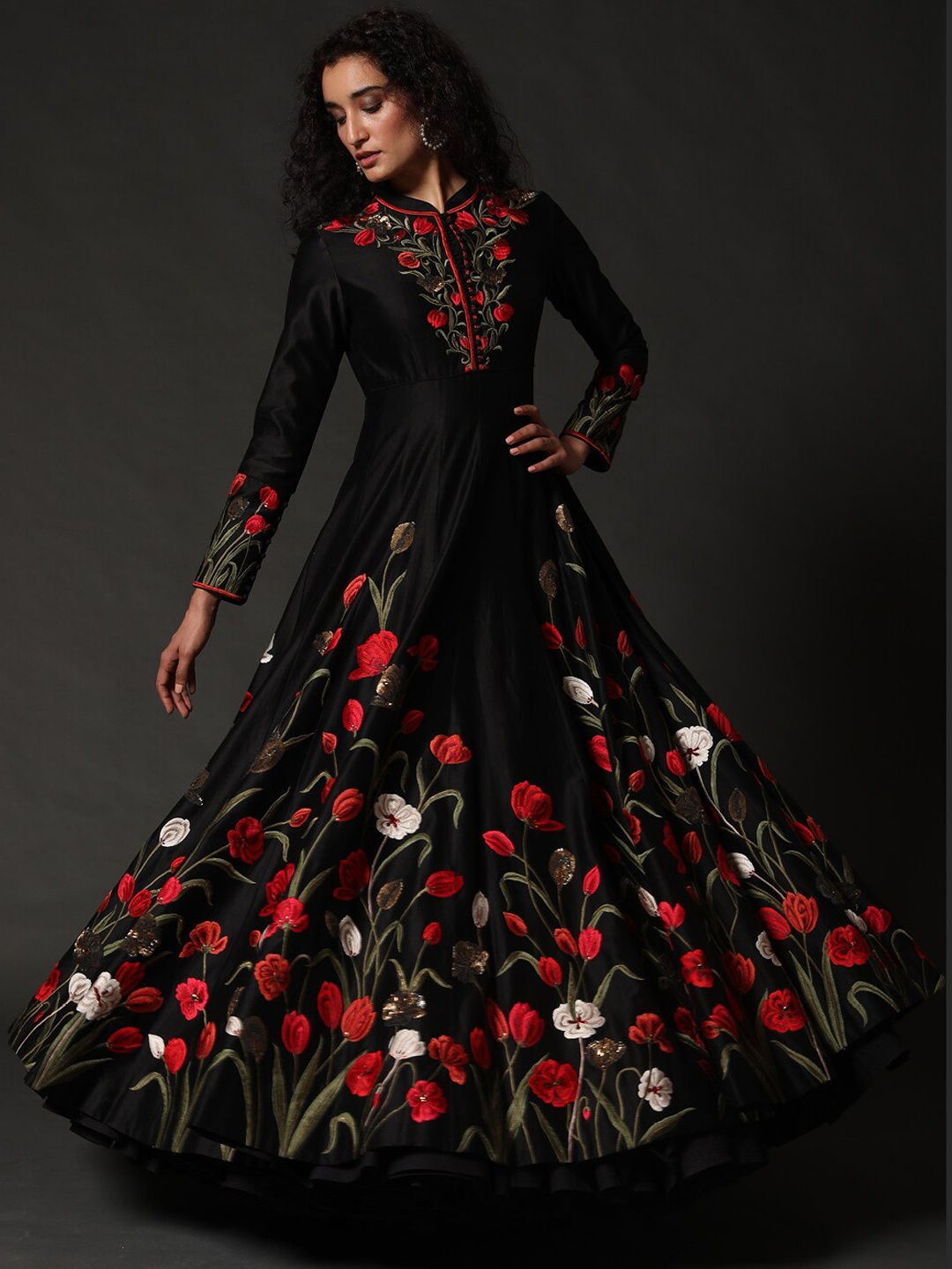 

Rohit Bal Floral Printed Silk Fit & Flared Maxi Ethnic Dress, Black