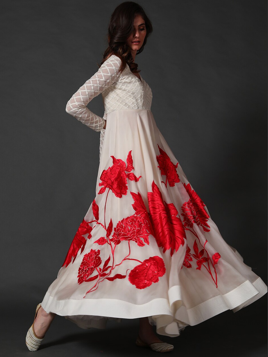 

Rohit Bal Floral Self Design Silk Fit & Flared Maxi Ethnic Dress, Off white