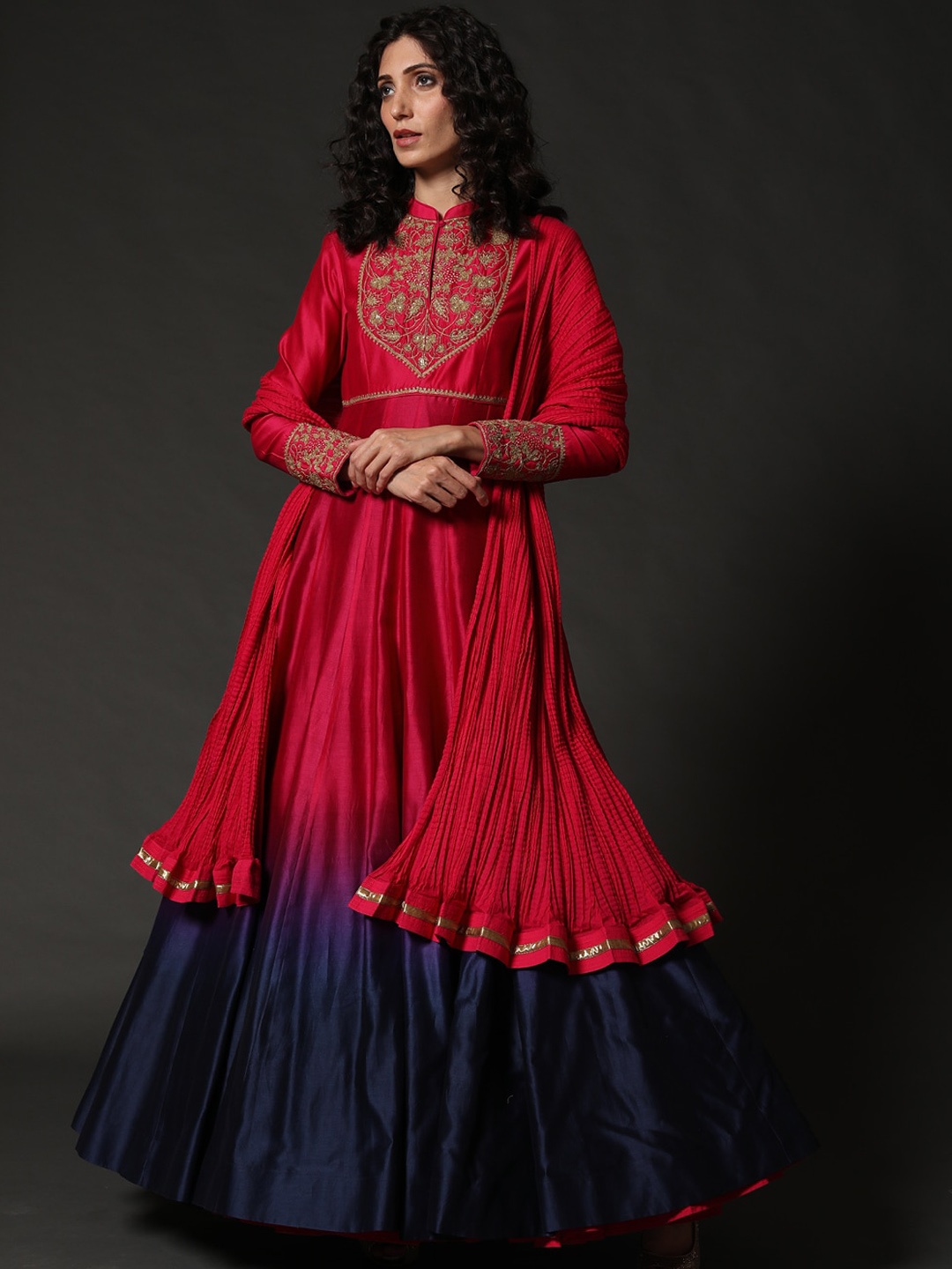 

Rohit Bal Floral Embroidered Silk Fit & Flared Maxi Ethnic Dress With Dupatta, Red