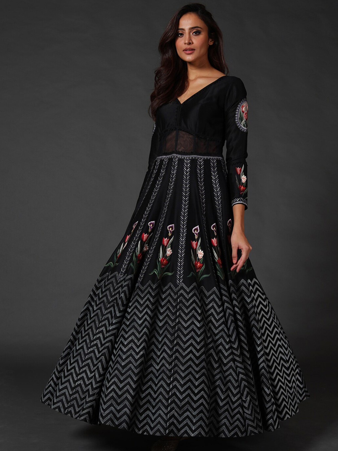

Rohit Bal Floral Printed Silk Fit & Flared Maxi Ethnic Dress, Black