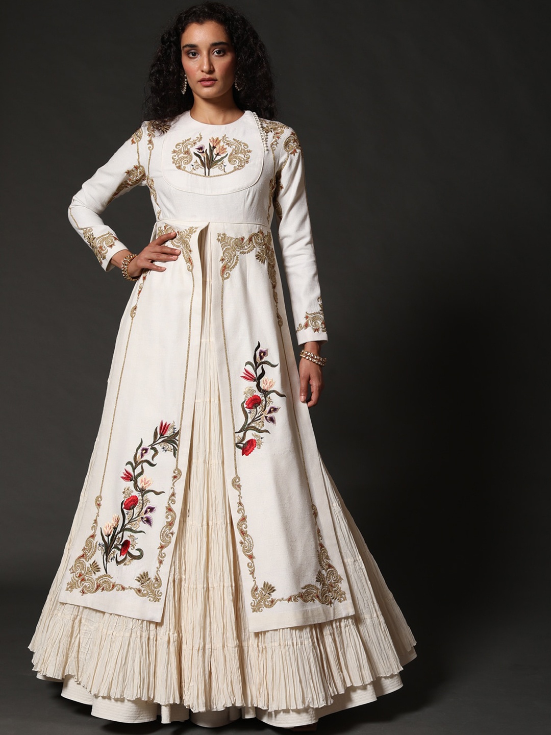 

Rohit Bal Floral Printed Silk A Line Maxi Ethnic Dress, Off white