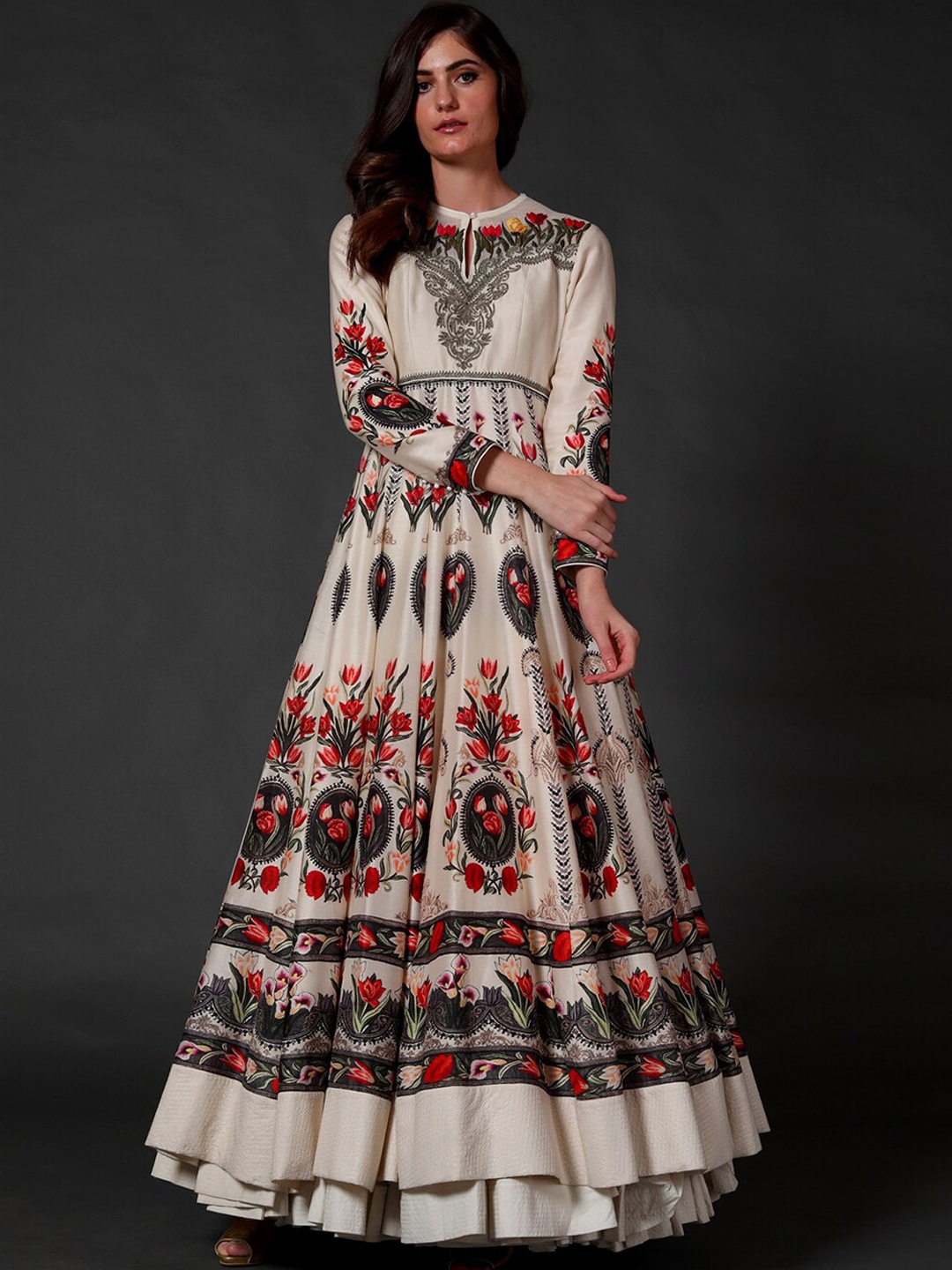 

Rohit Bal Ethnic Motifs Printed Silk A Line Maxi Ethnic Dress, Off white