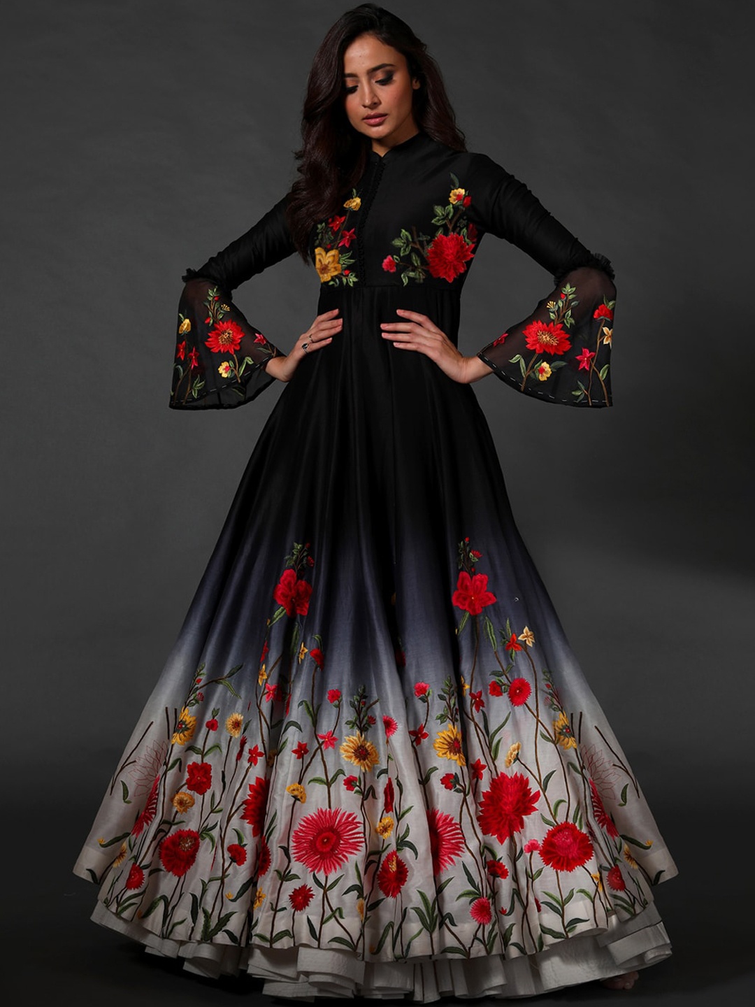 

Rohit Bal Floral Printed Silk Fit & Flared Maxi Ethnic Dress, Black