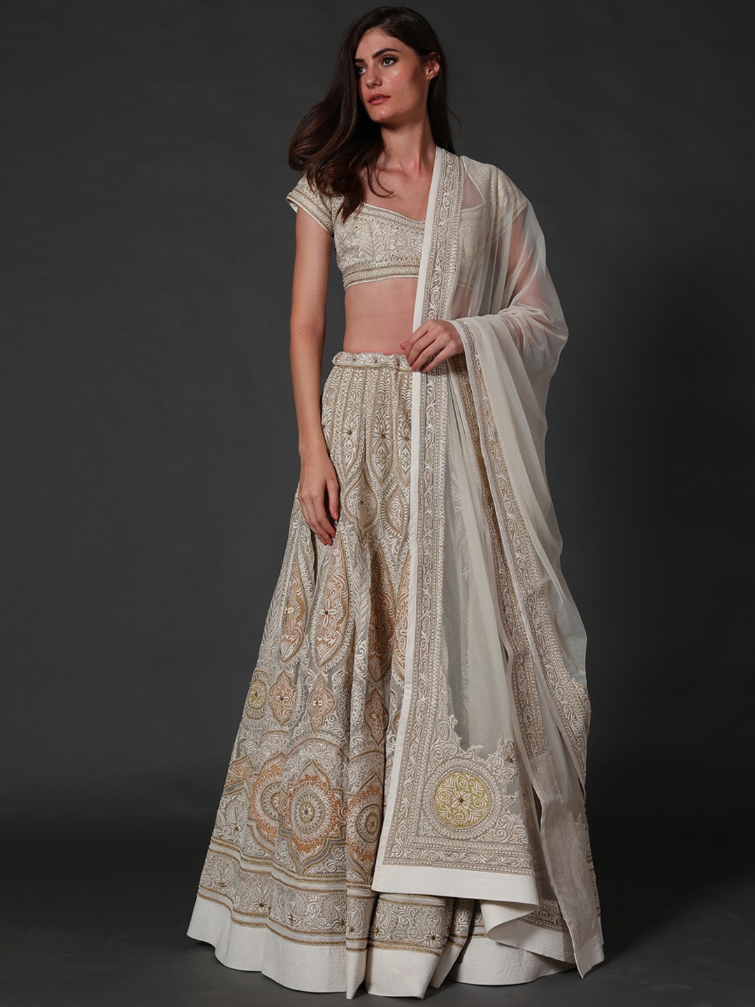 

Rohit Bal Embroidered Thread Work Lehenga & Blouse With Dupatta, Off white