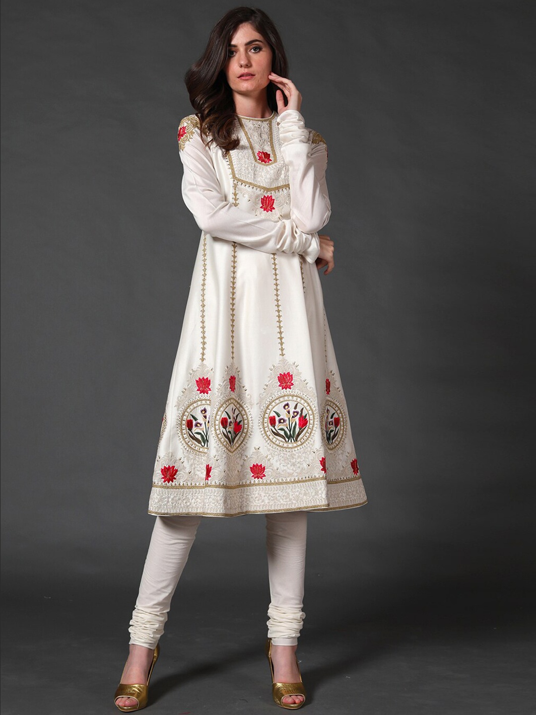 

Rohit Bal Ethnic Motifs Embroidered Regular Chanderi Cotton Kurta with Churidar, Off white