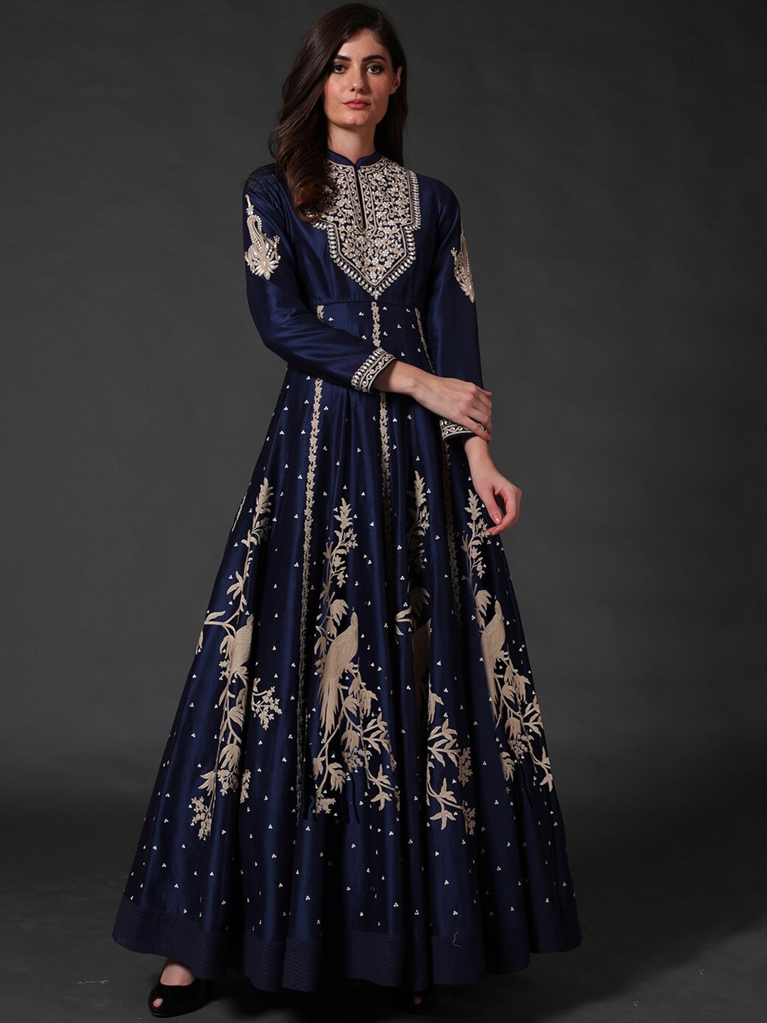 

Rohit Bal Ethnic Motifs Printed Silk Fit & Flared Maxi Ethnic Dress, Navy blue