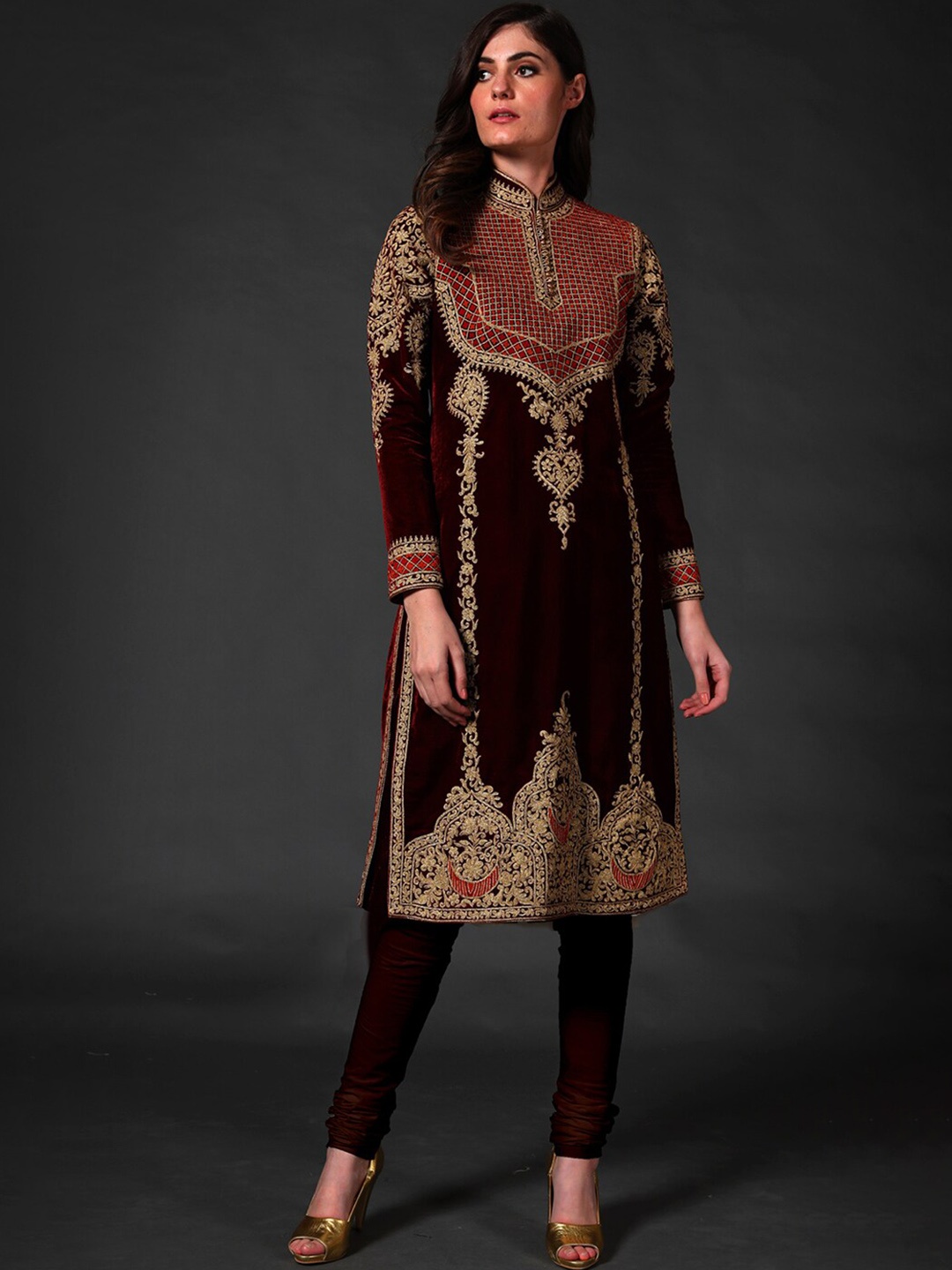 

Rohit Bal Ethnic Motifs Embroidered Chanderi Silk Straight Kurta & Churidar, Maroon