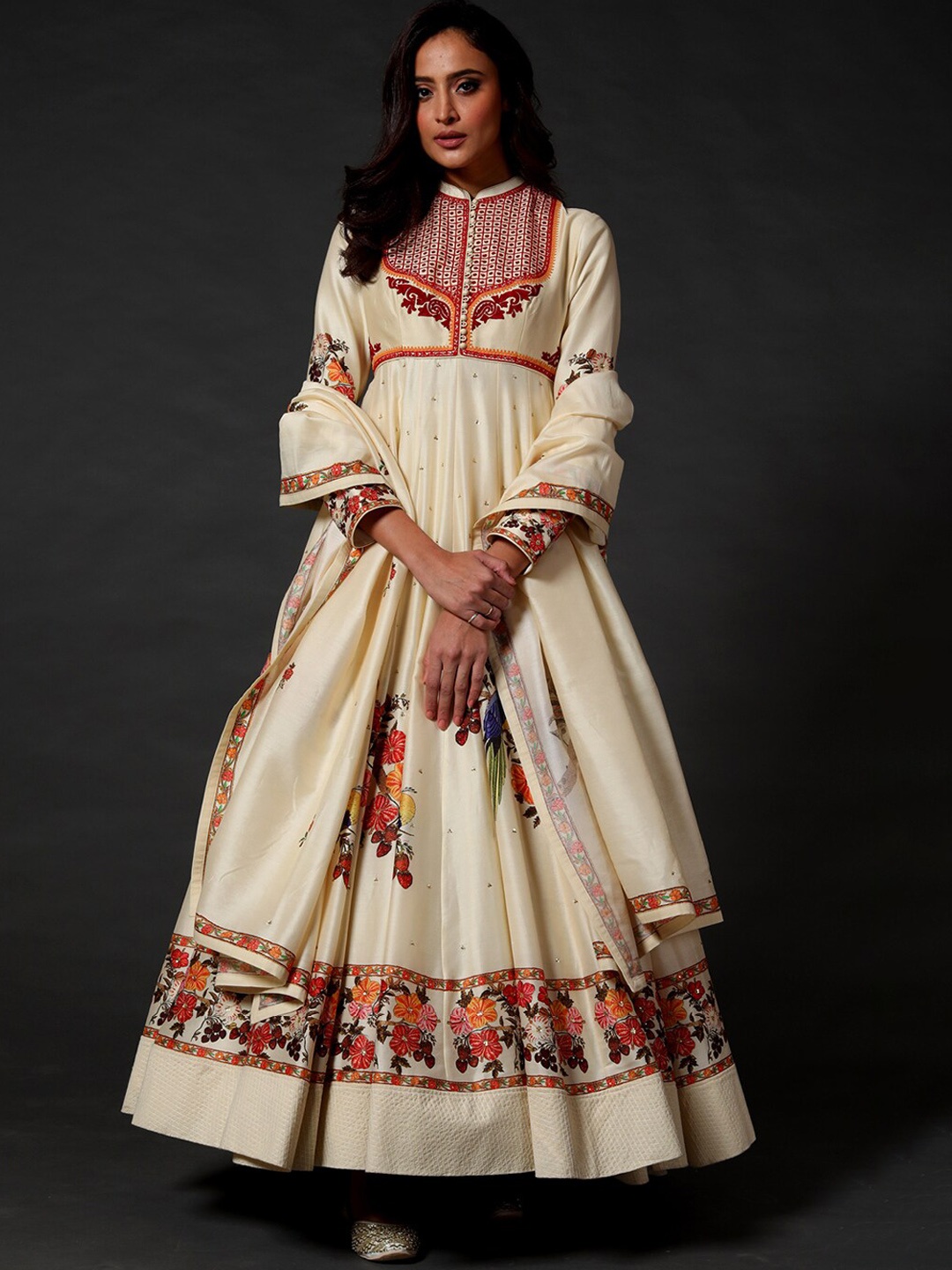 

Rohit Bal Floral Printed Sequined Silk A Line Maxi Ethnic Dress With Dupatta, Off white