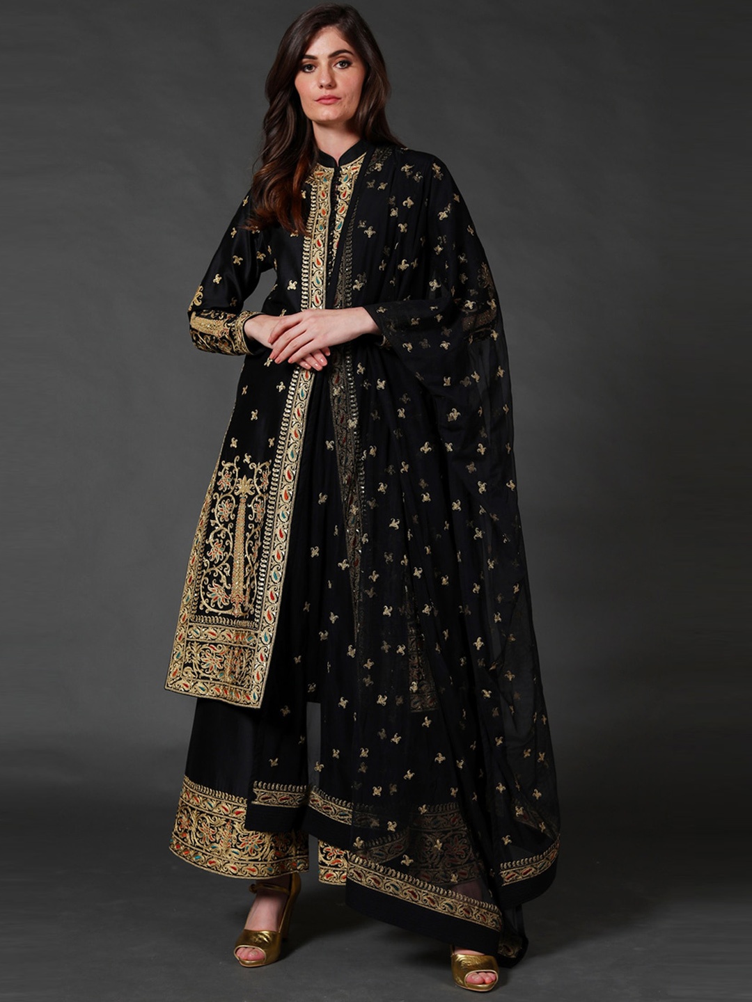 

Rohit Bal Ethnic Motifs Embroidered Mandarin Collar Chanderi Silk A-Line Kurta Set, Black