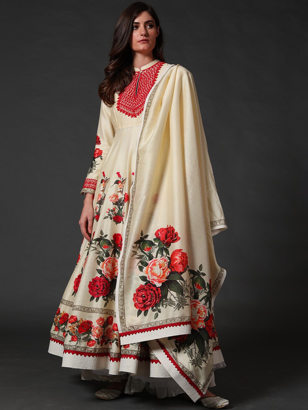 

Rohit Bal Floral Printed Anarkali Thread Work Pure Silk Kurta & Trousers, Off white