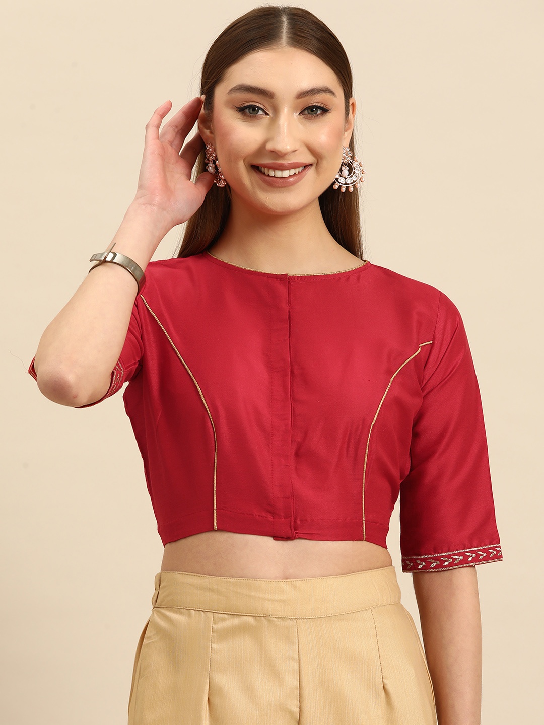 

tantkatha Embroidered Boat Neck Saree Blouse, Red