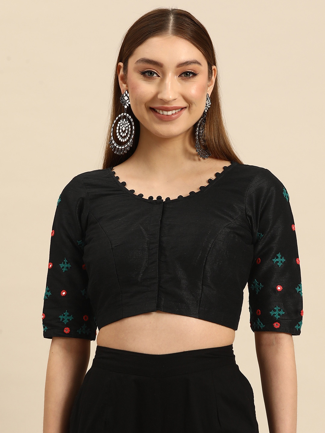 

tantkatha Embroidered Thread Work Saree Blouse, Black