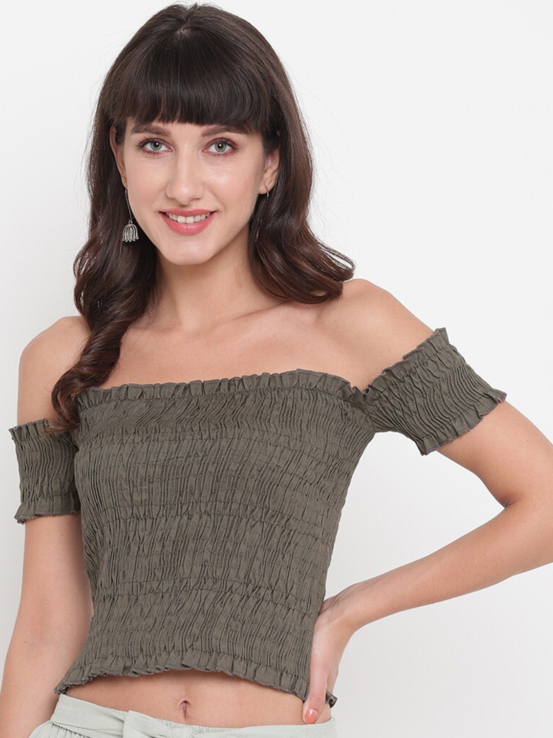 

BAESD Striped Off-Shoulder Fitted Crop Top, Green