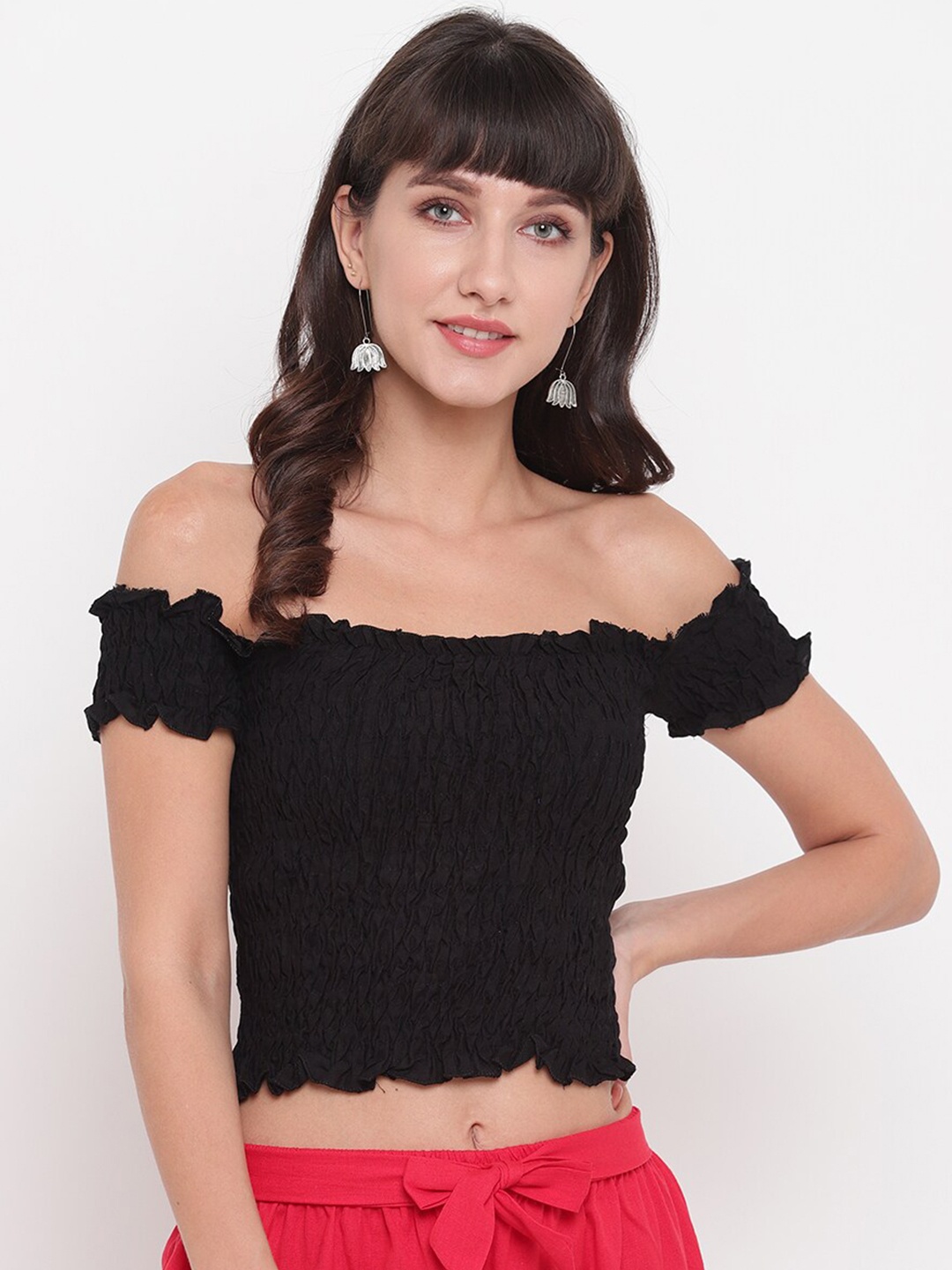 

BAESD Off Shoulder Smocking Bardot Crop Top, Black